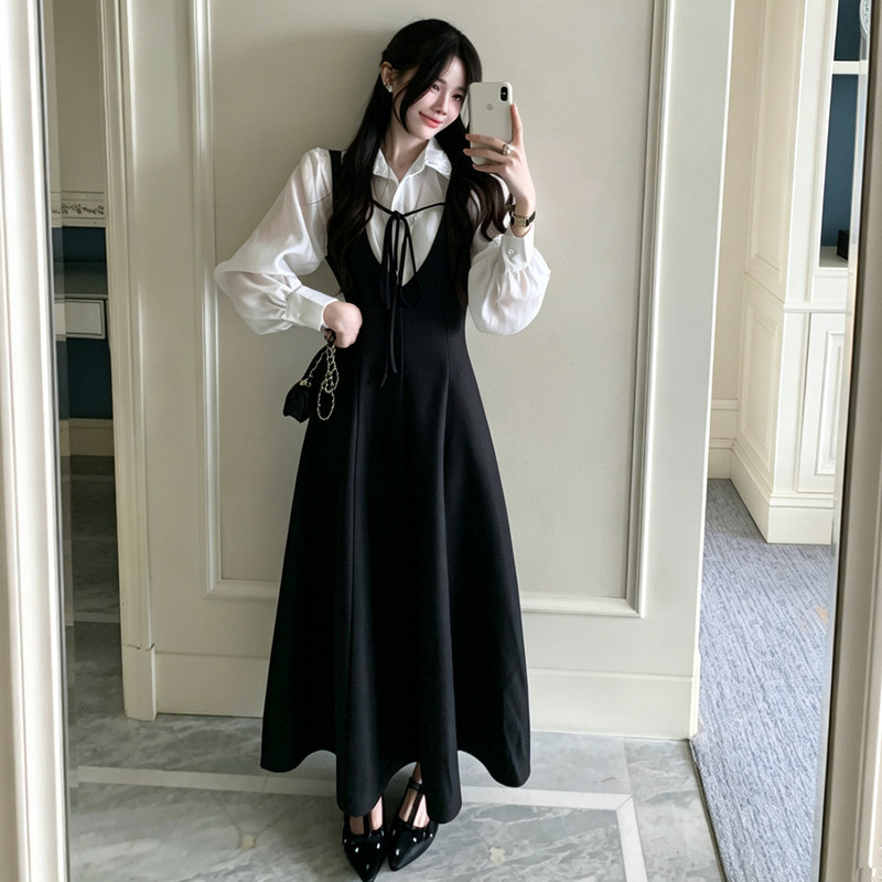 Autumn Plus-Size Korean-Style Preppy Long-Sleeve Tencel Shirt + Elegant Solid Color Long Black Tank Dress Autumn Plus-Size Korean-Style Preppy Long-Sleeve Tencel Shirt + Elegant Solid Color Long Black Tank Dress