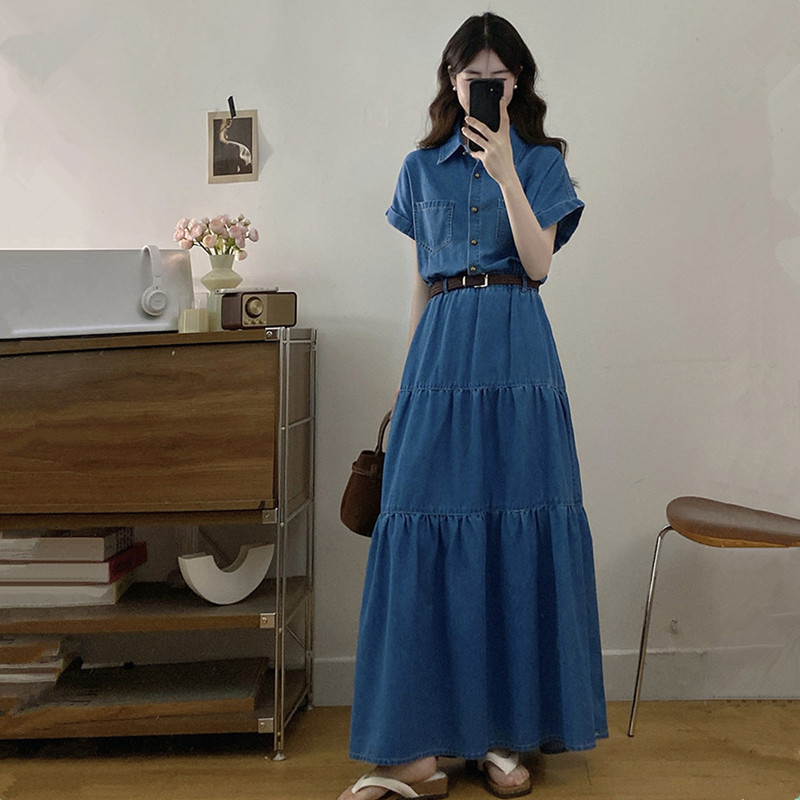 Slightly Chubby Retro Hong Kong Style Slimming Single-Breasted Waist-Cinching Slimming Denim Dress Summer Plus Size Tall Ankle-Length Dress