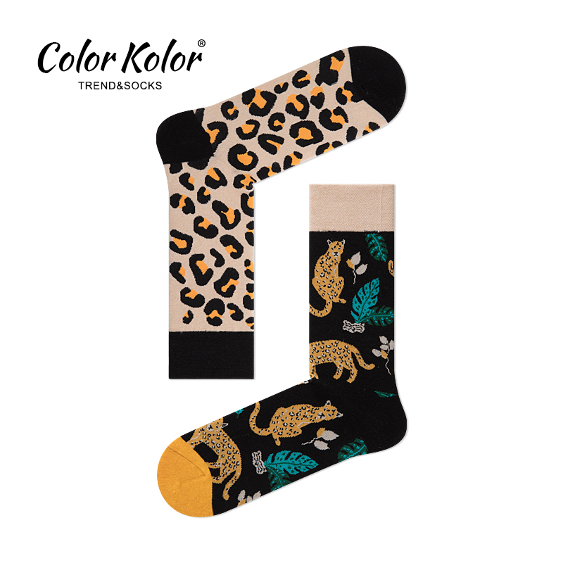 Color Kolor Men's and Women's Ab Cotton Socks with Cartoon Leopard Print Illustration Street Art Mandarin Duck Socks Versatile Mid-Length Socks