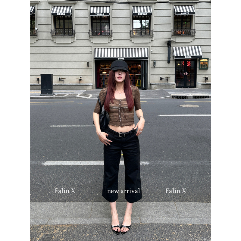 Falin X Casual Slightly Stretchy Flared Cropped Pants for Women, Summer Thin Loose Bf Lazy Style Wide-Leg Walking Jeans