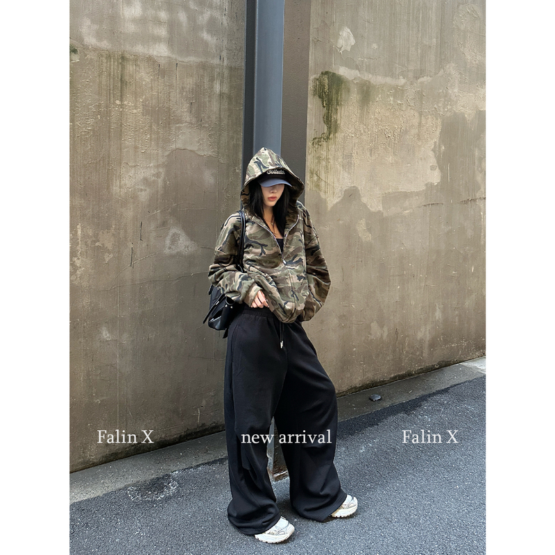 Falin X Elastic Drawstring Wide-Leg Casual Pants for Women, Loose Pleated Design, Mid-Low Waist, Spring and Autumn Long Sweatpants