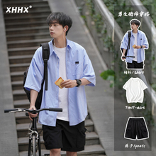 Striped men's short sleeved shirt, summer men's clothing, a whole set of trendy Japanese loose casual shirt jacket