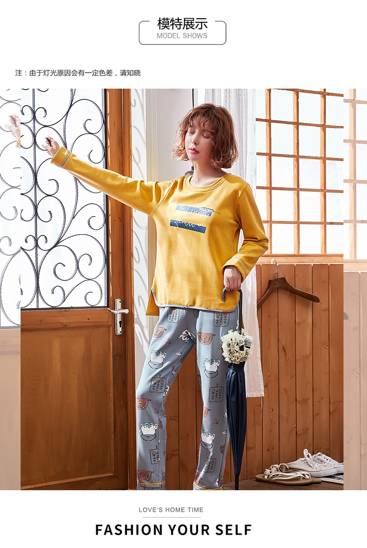 Bộ đồ ngủ nữ phục vụ mùa hè và mùa thu cotton dài tay phù hợp với phần mỏng kích thước lớn cổ tròn hai mảnh có thể mặc bên ngoài tuần lễ lực lượng mới đồ ngủ đôi