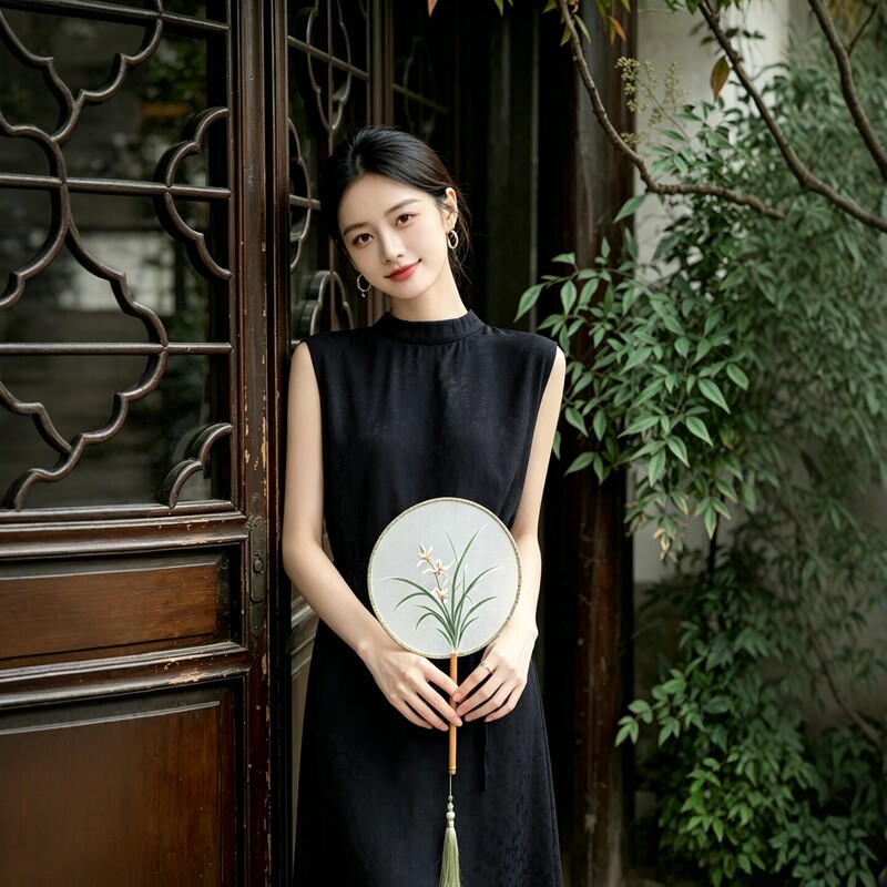 New Chinese-Style Sleeveless Stand-Collar Acetate Satin Dress for Women, Black Silk Long Dress, Slimming and Elegant New Model