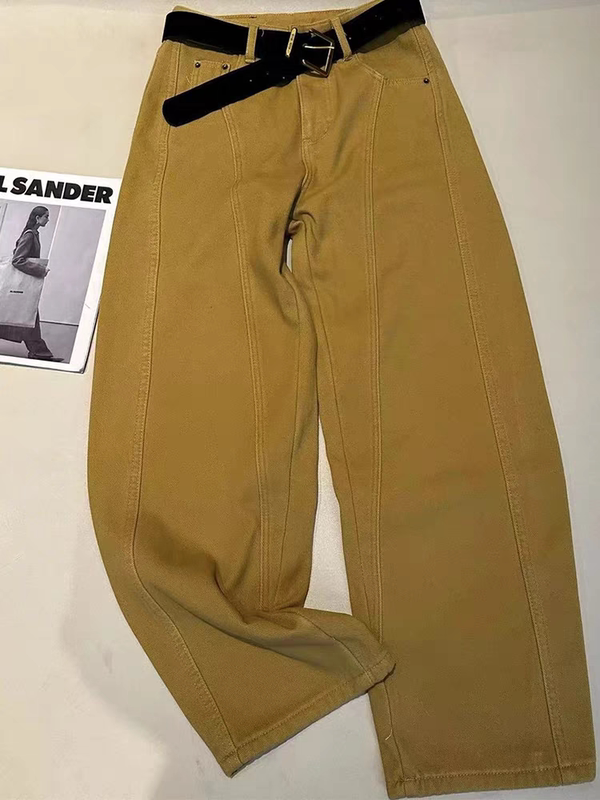 Yellow Jeans for Women, Autumn and Winter, Fleece-Lined, 2025 New Style, High-Waisted, Wide-Leg Pants, Scimitar Straight-Leg Pants