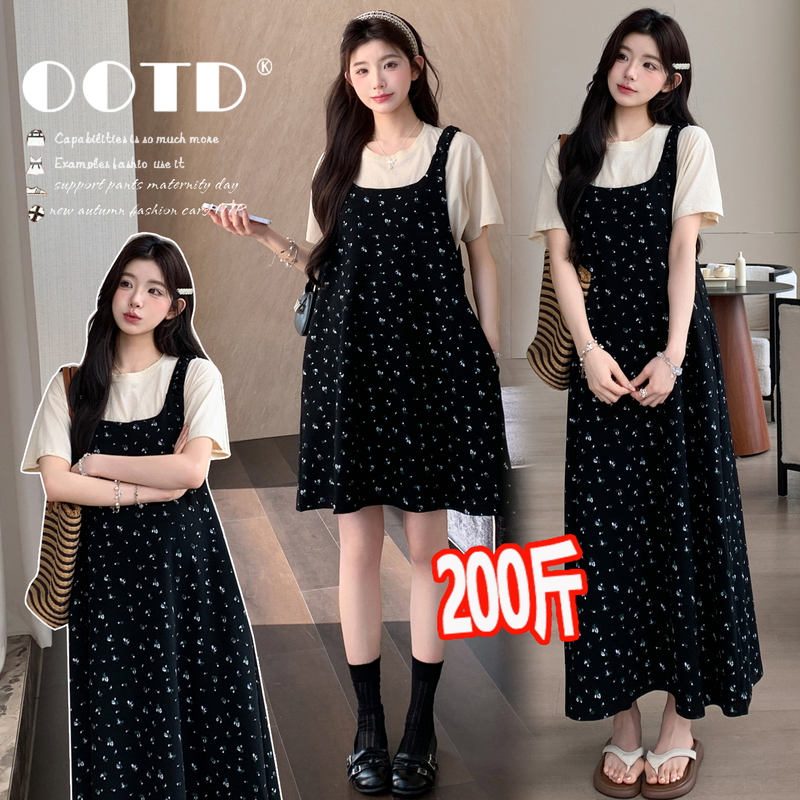 Plus-Size Maternity Dress Set, Summer Fashion Floral Suspender Dress, Short-Sleeved T-Shirt, Two-Piece Set for Pregnancy 100kg Plus-Size Maternity Dress Set, Summer Fashion Floral Suspender Dress, Short-Sleeved T-Shirt, Two-Piece Set for Pregnancy 100kg