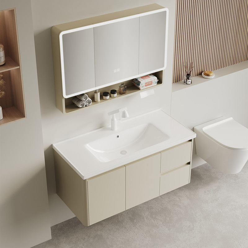 Jomow Cream-Style Bathroom Cabinet Set with Honeycomb Aluminum and Integrated Ceramic Washbasin Jomow Cream-Style Bathroom Cabinet Set with Honeycomb Aluminum and Integrated Ceramic Washbasin