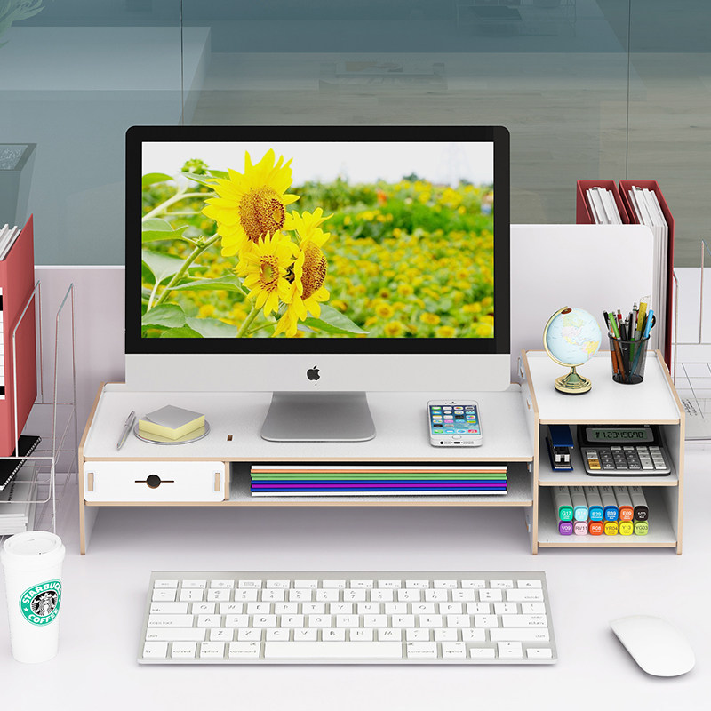 Computer heightening frame desktop containing neck and neck desk supplies containing box display office shelf