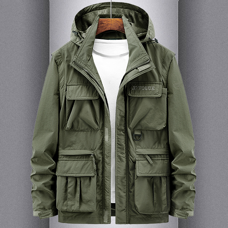 2026 Spring and Autumn Jacket Men's Thin Coat Loose Multi-Pocket Mid-Length Windbreaker Detachable Sleeves Workwear Top Men