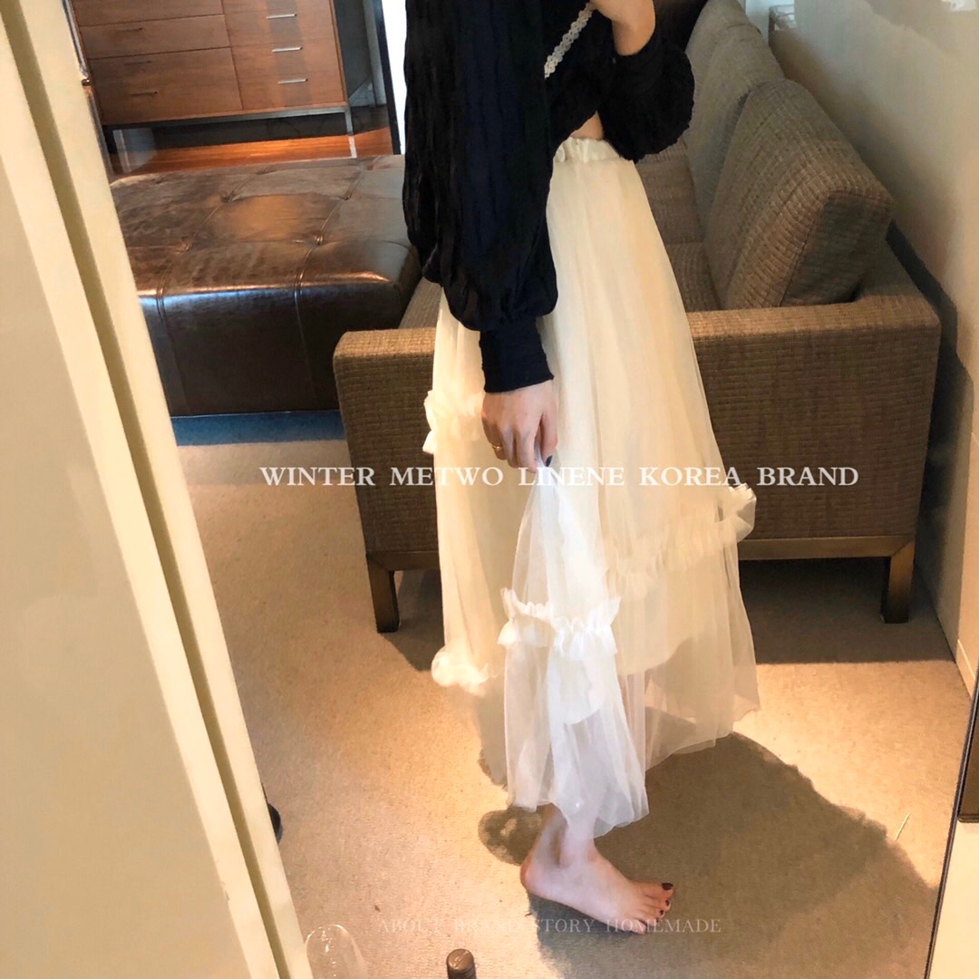 METWO fairy gauze skirt pleated skirt is thin a-line female white mesh skirt mid-length high waist new autumn and winter