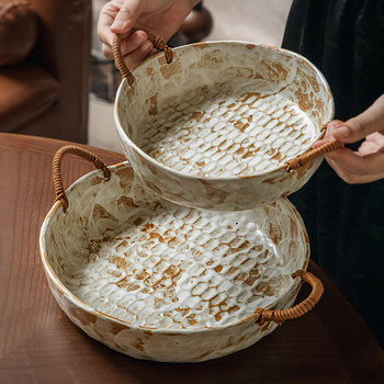Handmade stone pottery anti-scalding hemp rope double-ear bowl at the end of the alley