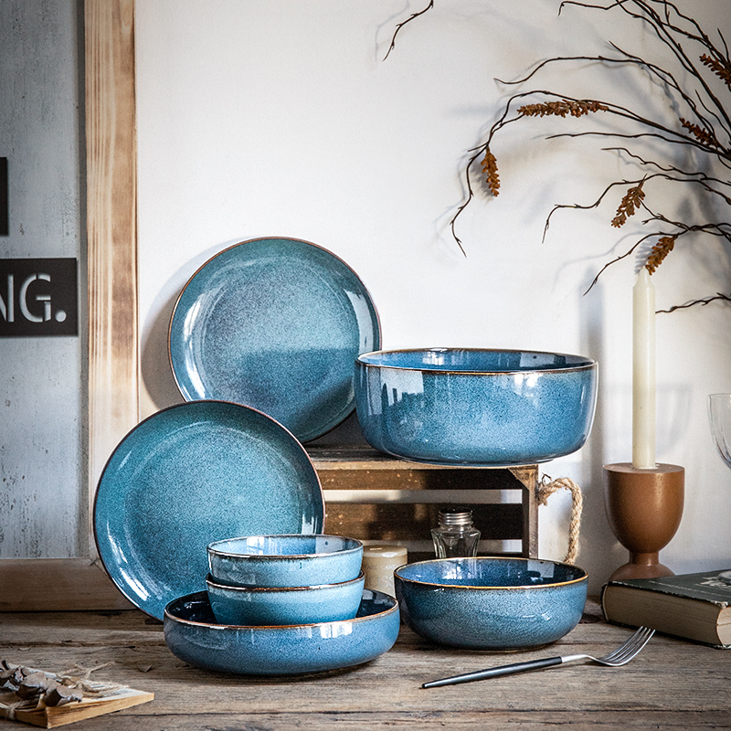 Alley Tails (Ice Blue Series Cutlery) Retro Ceramic Bowls Pan Dishes Soup Bowls American Cutlery Microblemishes