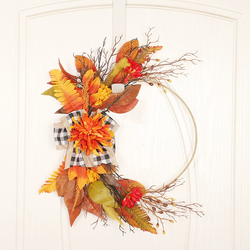Autumn Thanksgiving Door Wreath with Artificial Maple Leaves, Chrysanthemums, Plaid Bow, Farmhouse Front Door Decoration Half-Wreath