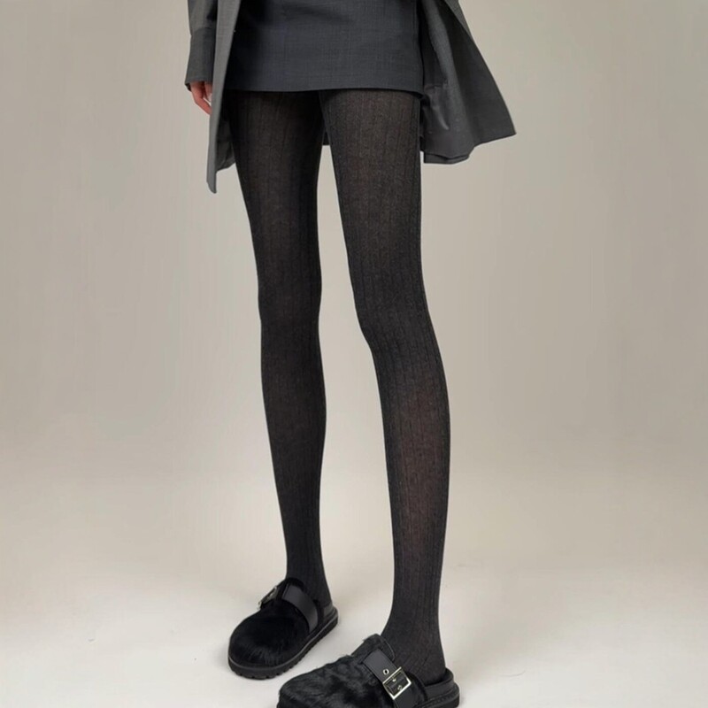 Black Semi-Transparent Tights Really Make You Look Slimmer! Miu-Style High-Intelligence Style Fine Ribbed Gray Retro Leggings