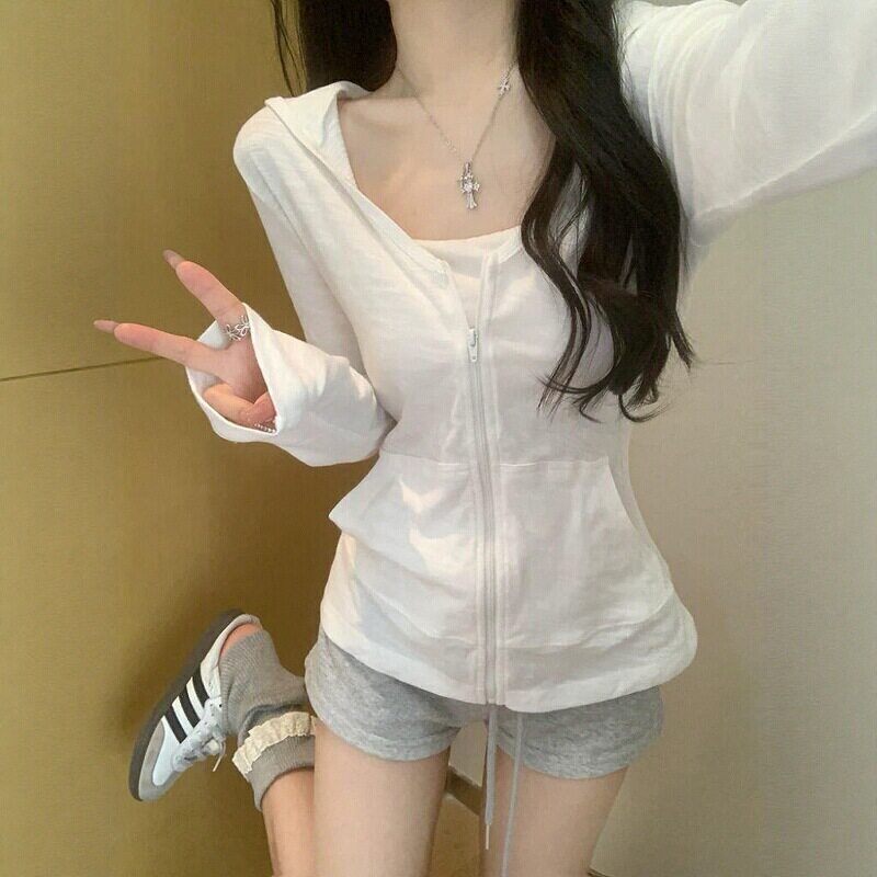 Layering White Clothing for Summer~White Bamboo Cotton Hooded Sun Protection Jacket~Slimming Waist-Cinching Korean-Style Casual Outfit