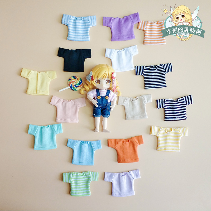 OB11 baby clothes short-sleeved T-shirt obitsu11 solid color striped short-sleeved azone12cu-poche beauty knot pig suitable