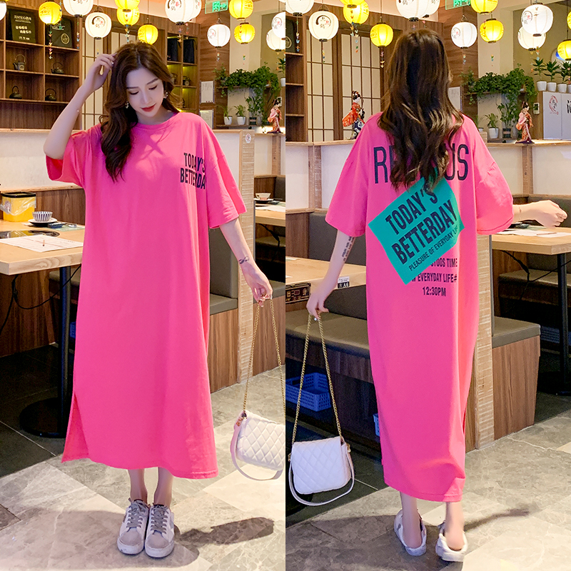 Plus Size Women's Clothing, Tummy-Concealing Slimming Dress, Summer Loose-Fitting Pure Cotton Over-The-Knee Long T-Shirt Dress for Plus-Size Women 100kg