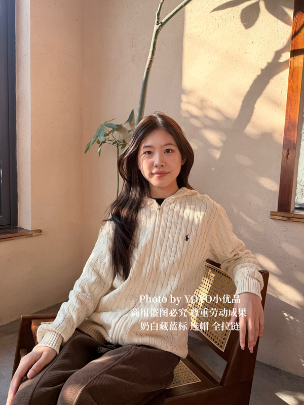 Authentic In-Stock Goods｜Ralph Lauren Cardigan Full-Zip Hooded Cotton for Boys, Store Edition, Cream White with Navy Blue Label