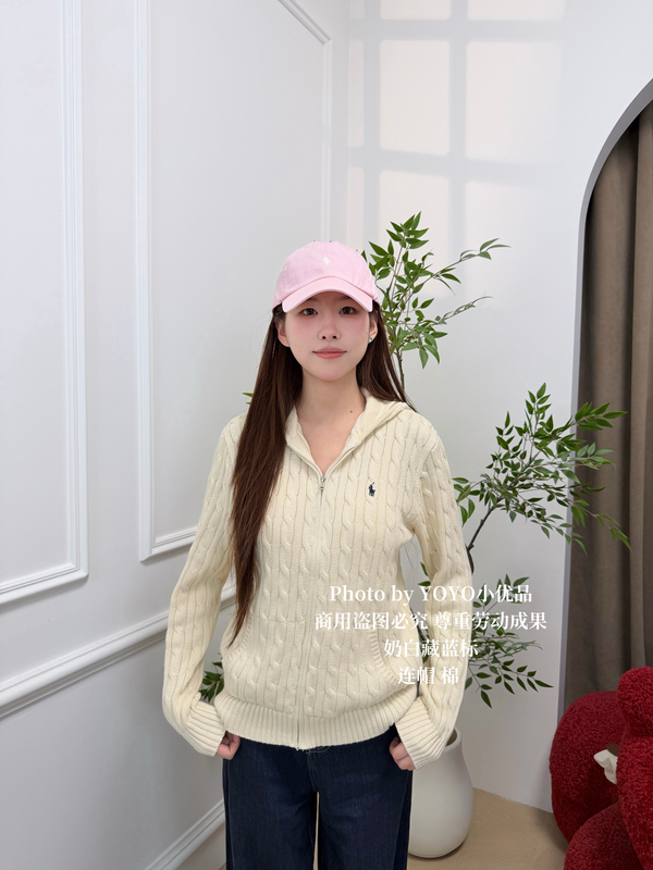 Authentic In-Stock Goods｜Ralph Lauren Cardigan Full-Zip Hooded Cotton for Boys, Store-Exclusive Model, Cream White with Navy Blue Label