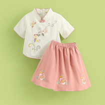 (Send bag) Xiaohu Patty Girl Hanfu Chinese Style Antiquities Children Cotton Embroidery Short Sleeve Skirt Set