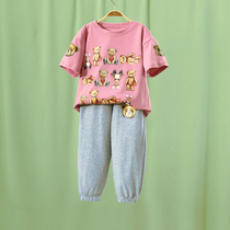 Little Tiger Patty Girls Cotton Sports Summer 2021 New Fashion Bear Print Thin Girls Short Sleeve Set