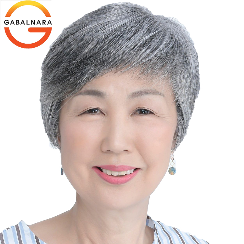 Gray Wig for Middle-Aged and Elderly Women, Real Human Hair, Grandma and Grandma Hairpiece, 80-Year-Old White Elderly Headgear, Bald Head Short Hairstyle