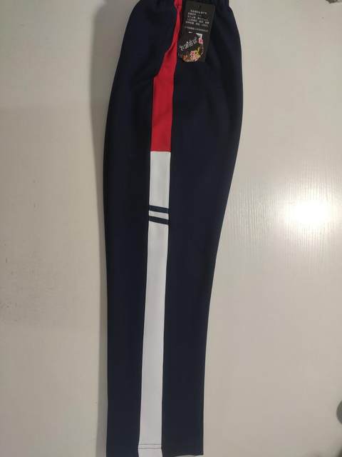 Customized school pants for primary and secondary school students, boys and girls, with two dark blue stripes on top, red on bottom, white on top, straight pants with elastic waist and cotton