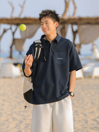 吕小虎夏季美式休闲POLO衫短袖男生潮牌后背字母印花宽松翻领T恤