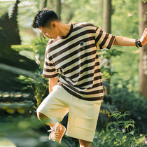 Lü Xiaohu Coconut Tree Embroidery Stripe Short Sleeve T-shirt Male Summer Tide Card Retro Sea Soul Shirt Loose Lovers Body Shirt