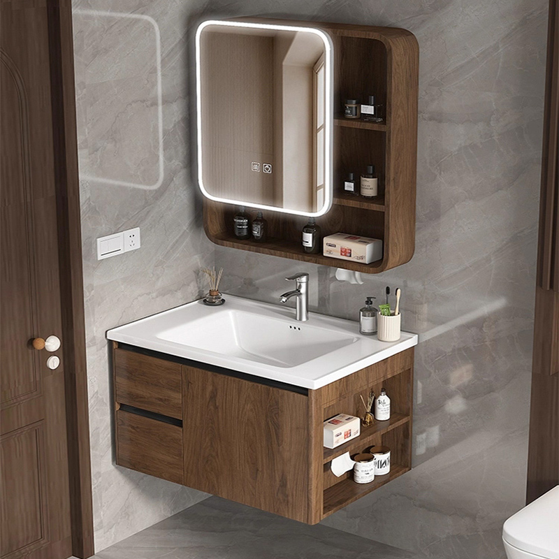 New Chinese-Style Drawer Bathroom Cabinet Combination, Walnut Wood Integrated Ceramic Washbasin with Side Storage and Handwashing Basin New Chinese-Style Drawer Bathroom Cabinet Combination, Walnut Wood Integrated Ceramic Washbasin with Side Storage and Handwashing Basin