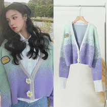 Song Yuqis same color-changing short vneck cardigan sweater womens fashion design sense flower knitted long-sleeved top