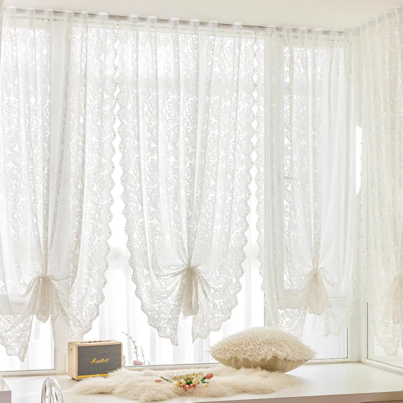 No-Drill Magic Tape Beaded Curtain Sheer French Lace Curtain for Living Room Balcony Bay Window Door Curtain Partition Rod