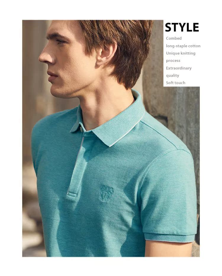 Ông vải châu Âu và phong cách Mỹ màu xanh POLO áo sơ mi nam tay ngắn dẫn nam mùa hè body ve áo cotton áo polo