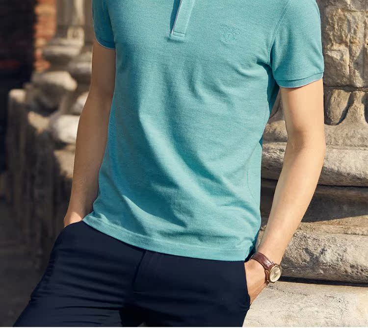 Ông vải châu Âu và phong cách Mỹ màu xanh POLO áo sơ mi nam tay ngắn dẫn nam mùa hè body ve áo cotton áo polo