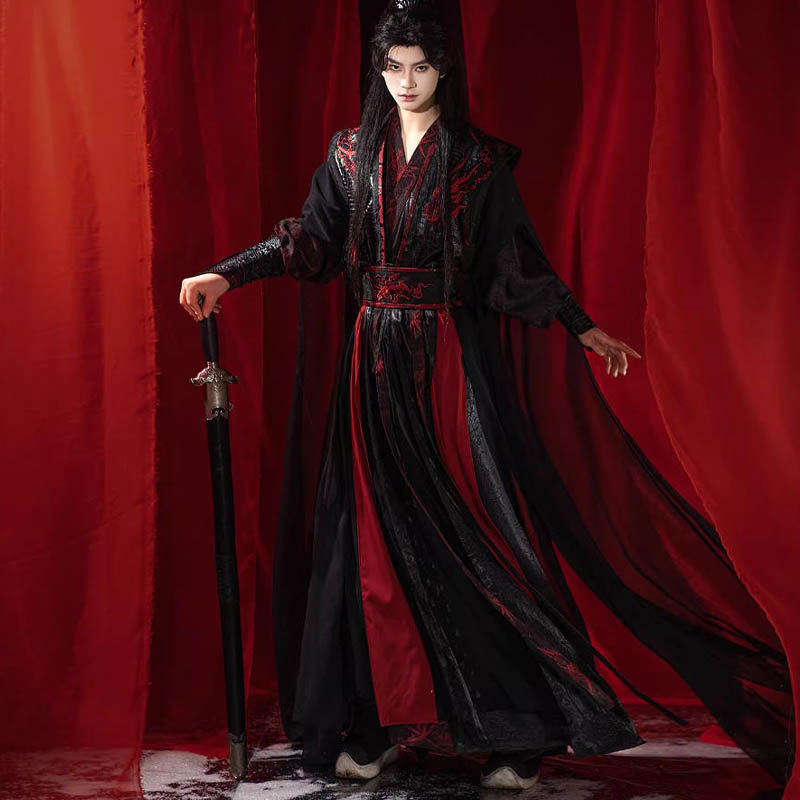[Zhu Chen] Han-Style Vest with Cross-Front Collar, Long Shirt, Black and Red Set, Unisex Hanfu for Cosplay Performance