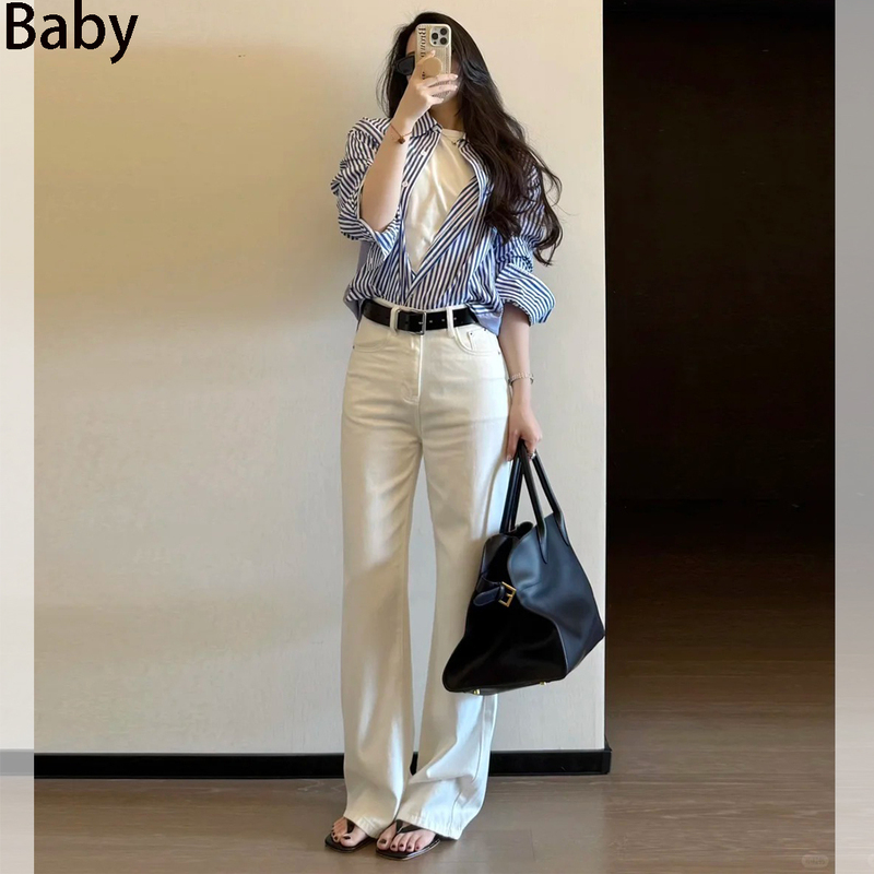 Super Stylish Pure Cotton White Straight-Leg Jeans for Women, 2026 Spring/Summer New Collection, High-Waisted, Slimming, Simple Wide-Leg Denim Pants