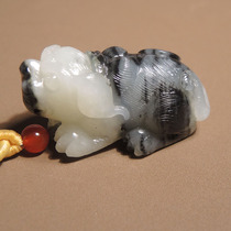 Dialect rare Hetian jade Xinjiang delicate mutton fat white jade base poly ink blue and white seed material zodiac dog pendant pendant h7