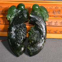 Dialect Hetian jade boutique Russian old material spinach green jasper pretty color and carved rich world ornaments pair R1