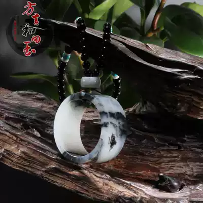 Dialect Hetian jade value-added boutique seed material sheep fat jade bottom black and white landscape artistic conception blue and white hanging solitary boat f