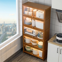 Kitchen rack floor-to-floor multi-layer storage rack bamboo multi-function with door to put pot dishes seasoning storage cabinet solid wood