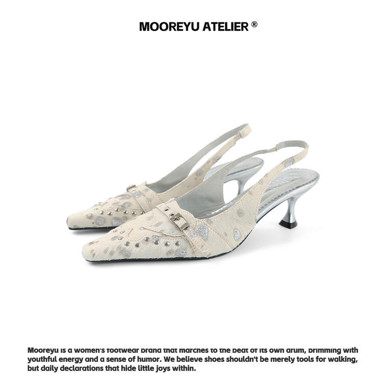 Mooreyu Atelier Original Design Genuine Leather Horsehair Pointed Toe Half Slippers Women's White High-Heeled Shoes for Outer Wear