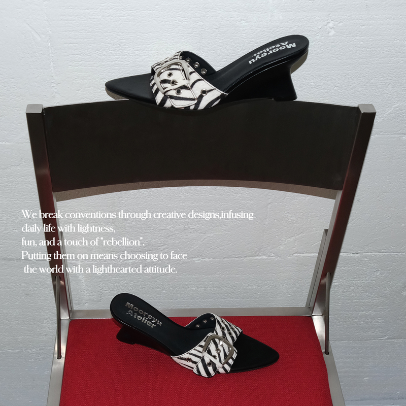 Mooreyu Atelier Original Genuine Leather Horsehair Wedge Sandals for Women with Zebra Pattern Belt Buckle for Outdoor Wear