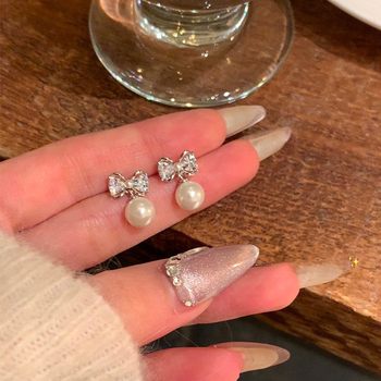 S925 Silver Needle Light Luxury Niche Exquisite Zircon Bowknot Earrings for Women, Trendy High-End Pearl Earrings