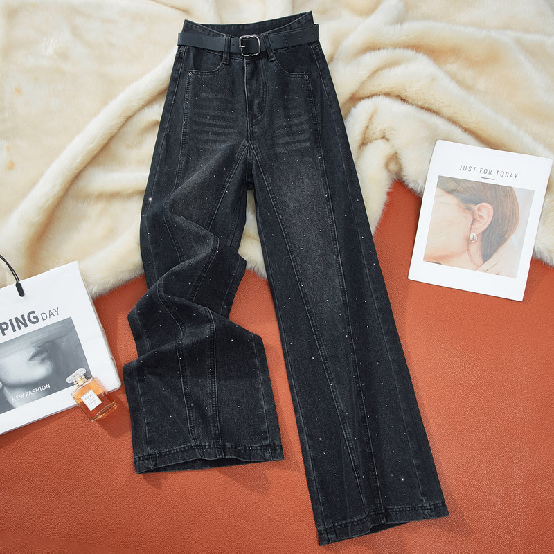 Black Rhinestone High-Waisted Straight-Leg Jeans for Women, New Spring and Autumn Style, Petite, Cropped, Loose, Slimming, Floor-Length Wide-Leg Pants
