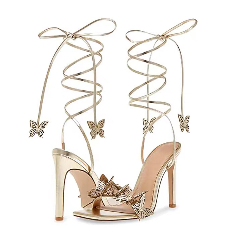 New Square-Toe Sandals with Three-Dimensional Butterfly Flowers, Sexy Gold High Heels, Cross-Strap, Suitable for All Seasons, Platform High Heels