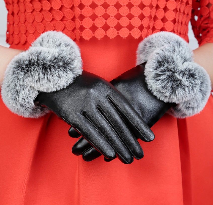 Women's cute fleece-lined, thick leather gloves for autumn and winter, warm and stylish Korean style for riding bicycles.