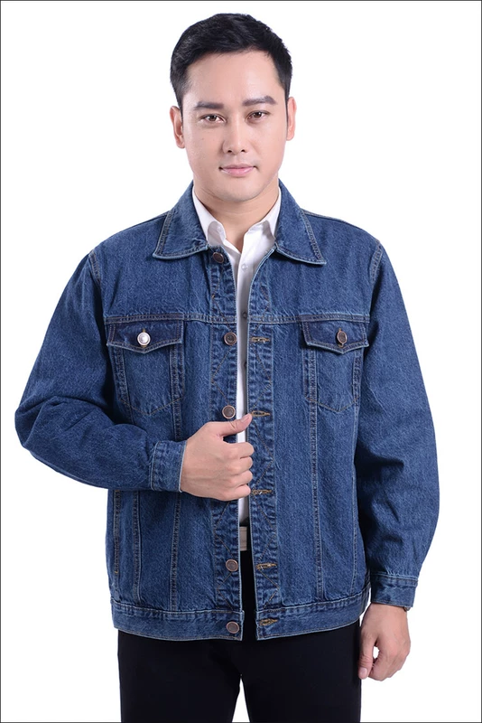 Đặc biệt hàng ngày áo khoác denim trung niên hàng đầu mùa xuân và mùa thu nam áo khoác dài tay áo liền quần size lớn