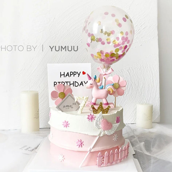 网红唯美烘焙蛋糕装饰独角兽摇摇马摆件儿童女神生日派对木马插件