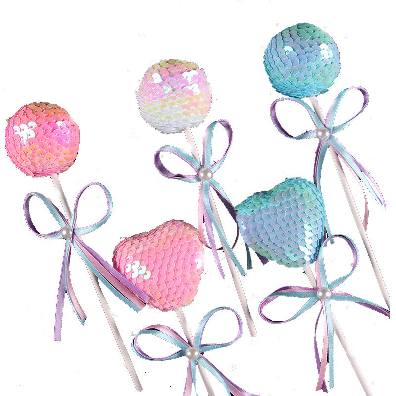 Romantic Sequin Ball Cake Card Insert Birthday Cake Decoration Accessories Bowknot Pearl Ornament New Arrival