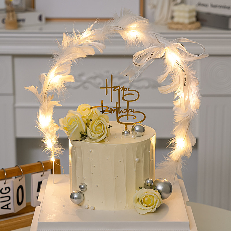 Net Red Goddess Birthday Cake Decoration Simulation Rose Decoration Girls Birthday Party Luminous Feather Strip Dress Up